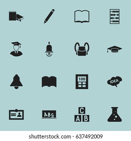 Set Of 16 Editable School Icons. Includes Symbols Such As Dictionary, Chemistry, Bookmark And More. Can Be Used For Web, Mobile, UI And Infographic Design.