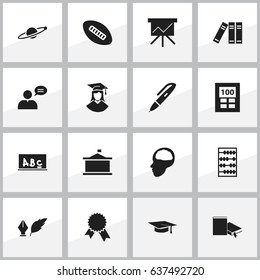 Set Of 16 Editable School Icons. Includes Symbols Such As Oval Ball, Chart Board, Calculator And More. Can Be Used For Web, Mobile, UI And Infographic Design.