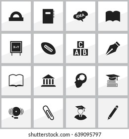 Set Of 16 Editable School Icons. Includes Symbols Such As Staple, Blackboard, Semicircle Ruler And More. Can Be Used For Web, Mobile, UI And Infographic Design.