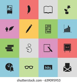Set Of 16 Editable School Icons. Includes Symbols Such As Pencil, Arithmetic, Graph And More. Can Be Used For Web, Mobile, UI And Infographic Design.