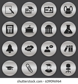 Set Of 16 Editable School Icons. Includes Symbols Such As Bookshelf, Calculator, Graduation Hat And More. Can Be Used For Web, Mobile, UI And Infographic Design.