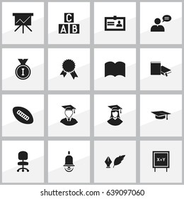 Set Of 16 Editable School Icons. Includes Symbols Such As Blackboard, Graduated Female, Victory Medallion And More. Can Be Used For Web, Mobile, UI And Infographic Design.