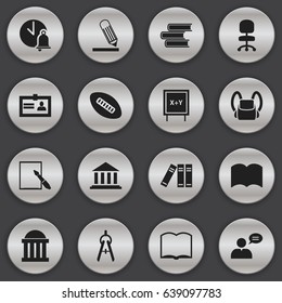 Set Of 16 Editable School Icons. Includes Symbols Such As Dictionary, Courtroom, Bookshelf And More. Can Be Used For Web, Mobile, UI And Infographic Design.