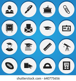 Set Of 16 Editable School Icons. Includes Symbols Such As Pen, Semicircle Ruler, Diplomaed Male And More. Can Be Used For Web, Mobile, UI And Infographic Design.