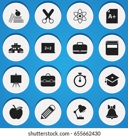 Set Of 16 Editable School Icons. Includes Symbols Such As Jingle, Writing Board, Textbook And More. Can Be Used For Web, Mobile, UI And Infographic Design.