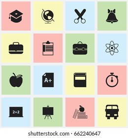 Set Of 16 Editable School Icons. Includes Symbols Such As Apple , Earth Planet , Painter's Stand. Can Be Used For Web, Mobile, UI And Infographic Design.