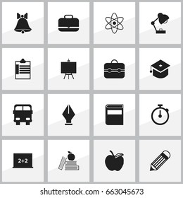 Set Of 16 Editable School Icons. Includes Symbols Such As Eraser, Writing Board, Molecule And More. Can Be Used For Web, Mobile, UI And Infographic Design.