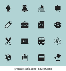 Set Of 16 Editable School Icons. Includes Symbols Such As Cutting, Transport Vehicle, Jingle And More. Can Be Used For Web, Mobile, UI And Infographic Design.
