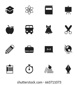 Set Of 16 Editable School Icons. Includes Symbols Such As Apple, Writing Board, Textbook And More. Can Be Used For Web, Mobile, UI And Infographic Design.