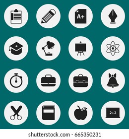 Set Of 16 Editable School Icons. Includes Symbols Such As Eraser, Trunk, Molecule And More. Can Be Used For Web, Mobile, UI And Infographic Design.