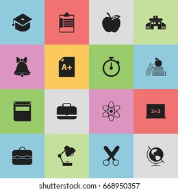 Set Of 16 Editable School Icons. Includes Symbols Such As Lighting, Supervision List, Textbook And More. Can Be Used For Web, Mobile, UI And Infographic Design.