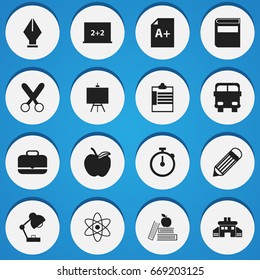 Set Of 16 Editable School Icons. Includes Symbols Such As Eraser, Lighting, Kindergarten And More. Can Be Used For Web, Mobile, UI And Infographic Design.