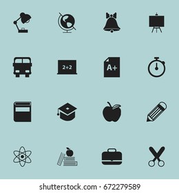 Set Of 16 Editable School Icons. Includes Symbols Such As Earth Planet, Textbook, Portfolio And More. Can Be Used For Web, Mobile, UI And Infographic Design.