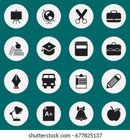 Set Of 16 Editable School Icons. Includes Symbols Such As Portfolio , Nib, Painter's Stand. Can Be Used For Web, Mobile, UI And Infographic Design.