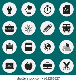 Set Of 16 Editable School Icons. Includes Symbols Such As Supervision List, Cutting, Textbook And More. Can Be Used For Web, Mobile, UI And Infographic Design.