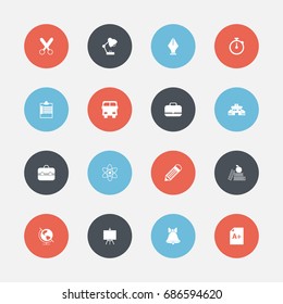 Set Of 16 Editable School Icons. Includes Symbols Such As Lighting, Earth Planet , Painter's Stand. Can Be Used For Web, Mobile, UI And Infographic Design.