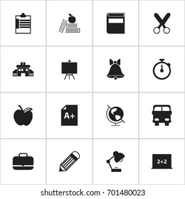 Set Of 16 Editable School Icons. Includes Symbols Such As Lighting, Painter's Stand, Earth Planet. Can Be Used For Web, Mobile, UI And Infographic Design.