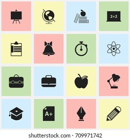 Set Of 16 Editable School Icons. Includes Symbols Such As Jingle, Eraser, Textbook And More. Can Be Used For Web, Mobile, UI And Infographic Design.