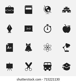 Set Of 16 Editable School Icons. Includes Symbols Such As Earth Planet, Jingle, Transport Vehicle And More. Can Be Used For Web, Mobile, UI And Infographic Design.