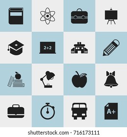 Set Of 16 Editable School Icons. Includes Symbols Such As Page, Apple, Kindergarten And More. Can Be Used For Web, Mobile, UI And Infographic Design.