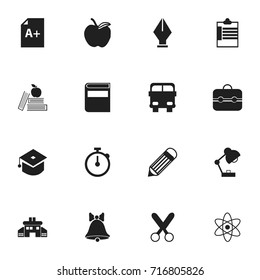 Set Of 16 Editable School Icons. Includes Symbols Such As Apple, Literature, Lighting And More. Can Be Used For Web, Mobile, UI And Infographic Design.