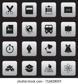 Set Of 16 Editable School Icons. Includes Symbols Such As Literature, Timer, Writing Board And More. Can Be Used For Web, Mobile, UI And Infographic Design.