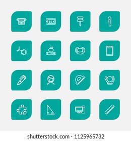 Set of 16 editable science icons line style. Includes symbols such as pencil, jigsaw, pin and more. Can be used for web, mobile, UI and infographic design.