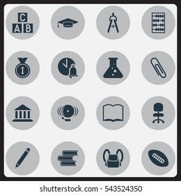 Set Of 16 Editable Science Icons. Includes Symbols Such As Museum, First Place, Work Seat And More. Can Be Used For Web, Mobile, UI And Infographic Design.