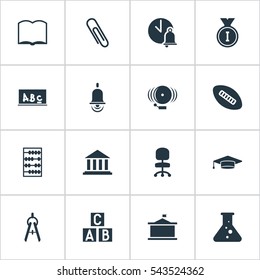 Set Of 16 Editable Science Icons. Includes Symbols Such As Alarm Bell, Book, Staple And More. Can Be Used For Web, Mobile, UI And Infographic Design.