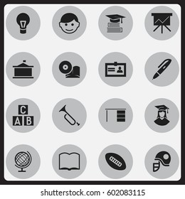 Set Of 16 Editable Science Icons. Includes Symbols Such As Compact Disk, Bugle, Hardhat And More. Can Be Used For Web, Mobile, UI And Infographic Design.