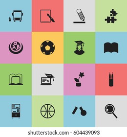 Set Of 16 Editable Science Icons. Includes Symbols Such As Propeller, Bookcase, Distance Learning And More. Can Be Used For Web, Mobile, UI And Infographic Design.
