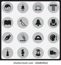 Set Of 16 Editable Science Icons. Includes Symbols Such As Graduated Female, Fiddle, Paint And More. Can Be Used For Web, Mobile, UI And Infographic Design.