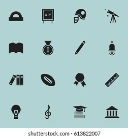 Set Of 16 Editable Science Icons. Includes Symbols Such As Semicircle Ruler, Pencil, Alarm Bell And More. Can Be Used For Web, Mobile, UI And Infographic Design.