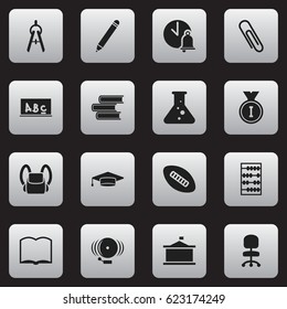 Set Of 16 Editable Science Icons. Includes Symbols Such As Schoolbag, Math Tool, Pencil And More. Can Be Used For Web, Mobile, UI And Infographic Design.