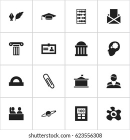 Set Of 16 Editable Science Icons. Includes Symbols Such As Staple, Univercity, Semicircle Ruler And More. Can Be Used For Web, Mobile, UI And Infographic Design.