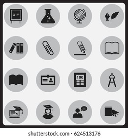 Set Of 16 Editable Science Icons. Includes Symbols Such As Writing, Dictionary, Blackboard And More. Can Be Used For Web, Mobile, UI And Infographic Design.