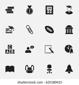 Set Of 16 Editable Science Icons. Includes Symbols Such As Courtroom, Work Seat, Dictionary And More. Can Be Used For Web, Mobile, UI And Infographic Design.