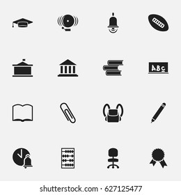 Set Of 16 Editable Science Icons. Includes Symbols Such As Alarm Bell, School Board, Library And More. Can Be Used For Web, Mobile, UI And Infographic Design.