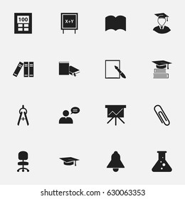 Set Of 16 Editable Science Icons. Includes Symbols Such As Dictionary, Staple, Blackboard And More. Can Be Used For Web, Mobile, UI And Infographic Design.