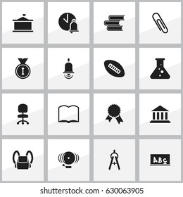 Set Of 16 Editable Science Icons. Includes Symbols Such As Staple, Victory Medallion, Alarm Bell And More. Can Be Used For Web, Mobile, UI And Infographic Design.