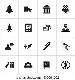 Set Of 16 Editable Science Icons. Includes Symbols Such As Alarm Bell, Calculator, Courtroom And More. Can Be Used For Web, Mobile, UI And Infographic Design.