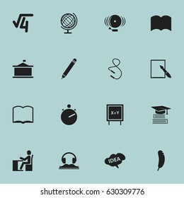 Set Of 16 Editable Science Icons. Includes Symbols Such As Schoolboy, Taped Book, Blackboard And More. Can Be Used For Web, Mobile, UI And Infographic Design.