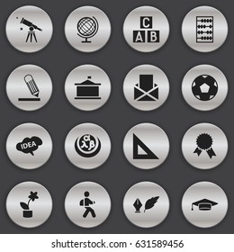 Set Of 16 Editable Science Icons. Includes Symbols Such As Greek Alphabet, Trigon Straightedge, Victory Medallion And More. Can Be Used For Web, Mobile, UI And Infographic Design.