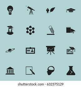 Set Of 16 Editable Science Icons. Includes Symbols Such As Binoculars, Lamp, Certification And More. Can Be Used For Web, Mobile, UI And Infographic Design.