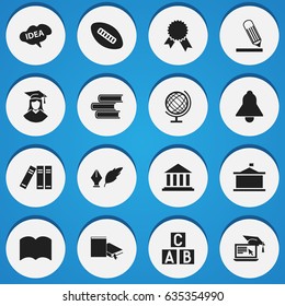 Set Of 16 Editable Science Icons. Includes Symbols Such As Bell, Dictionary, Library And More. Can Be Used For Web, Mobile, UI And Infographic Design.