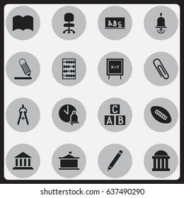 Set Of 16 Editable Science Icons. Includes Symbols Such As Writing, Arithmetic, Museum And More. Can Be Used For Web, Mobile, UI And Infographic Design.