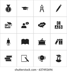Set Of 16 Editable Science Icons. Includes Symbols Such As Pencil, Notepaper, Library And More. Can Be Used For Web, Mobile, UI And Infographic Design.