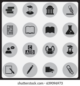 Set Of 16 Editable Science Icons. Includes Symbols Such As Alphabet Cube, Schoolbag, Bookmark And More. Can Be Used For Web, Mobile, UI And Infographic Design.