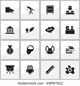 Set Of 16 Editable Science Icons. Includes Symbols Such As Museum, Chart Board, Binoculars And More. Can Be Used For Web, Mobile, UI And Infographic Design.