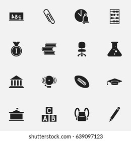 Set Of 16 Editable Science Icons. Includes Symbols Such As Chemistry, School Bell, Ring And More. Can Be Used For Web, Mobile, UI And Infographic Design.